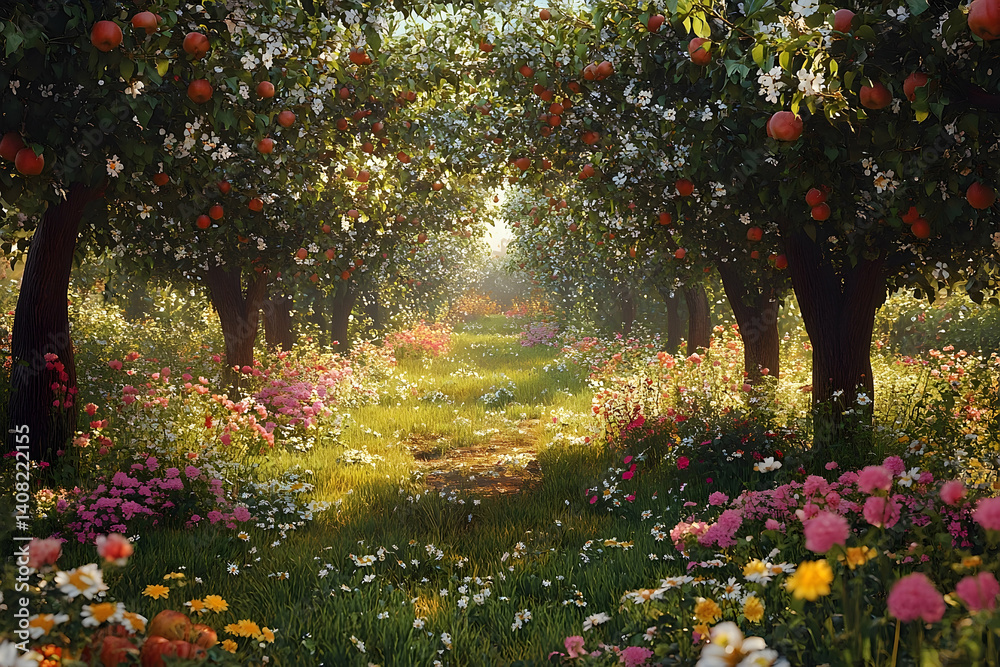 Sun-drenched orchard path, bursting with blossoms. Sun-drenched orchard path, bursting with blossoms.