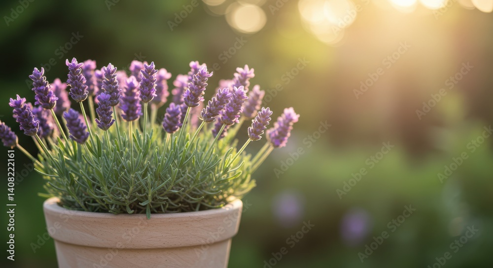 Obraz premium lavender plant in terracotta pot illuminated by warm sunlight, creating serene garden atmosphere. perfect representation of tranquility, nature, and horticulture in outdoor setting