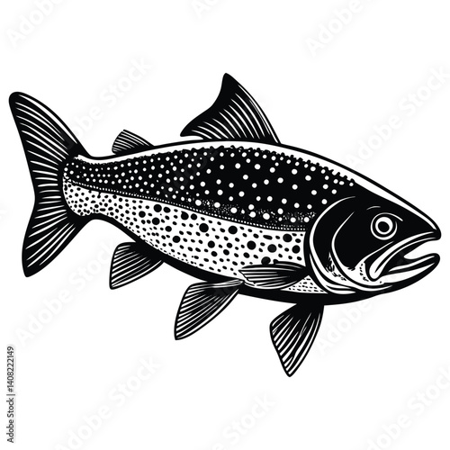 Fish sketch salmon trout. Vintage retro print, black white salmon trout fish