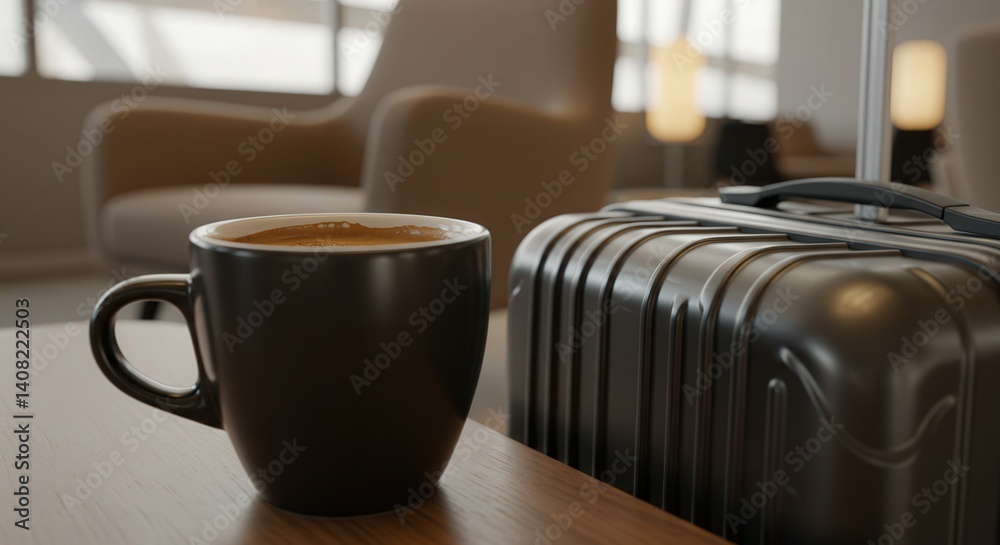 coffee and suitcase in airport lounge setting create relaxing travel atmosphere, highlighting comfort, anticipation of journey, modern lifestyle, ideal for business and leisure travel concepts coffee and suitcase in airport lounge setting create relaxing travel atmosphere, highlighting comfort, anticipation of journey, modern lifestyle, ideal for business and leisure travel concepts