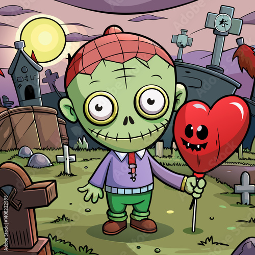 Cute baby zombie holding a heart balloon in a spooky graveyard – fun cartoon vector illustration for Halloween or horror themes.