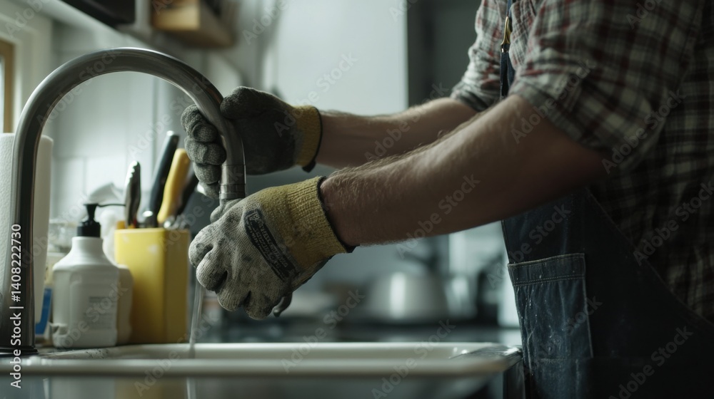 Plumber fitting pipes under a kitchen sink. Featuring plumbing expertise and pipe installation Plumber fitting pipes under a kitchen sink. Featuring plumbing expertise and pipe installation
