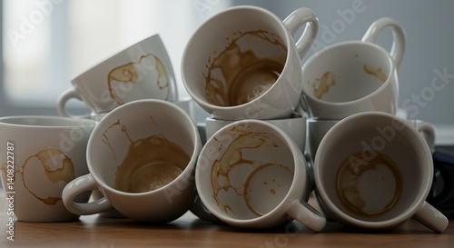 empty coffee mugs stack artfully with visible stains symbolizing a busy day. perfect for themes around caffeine, productivity, or casual office culture