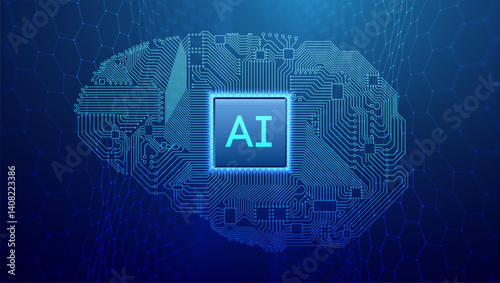 Futuristic Medical AI Brain Chip Digital Tech bg. 3D Abstract Circuit Network featuring Semiconductor, Neural Processor and Cloud Data. Vector Smart Cyber Connection Lines.
