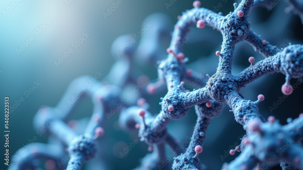 Close-up of a molecule with multiple glucose structures on a blue background, representing GLP1 (Glucagon-like peptide-1). Close-up of a molecule with multiple glucose structures on a blue background, representing GLP1 (Glucagon-like peptide-1).