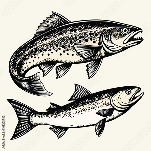 Fish sketch salmon trout. Vintage retro print, black white salmon trout fish