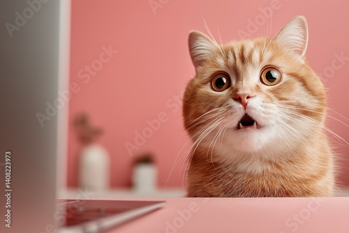 surprised cat looks at laptop screen in pink room, capturing humorous and curious feline expression. perfect for tech, pet-themed projects and lighthearted marketing campaigns photo
