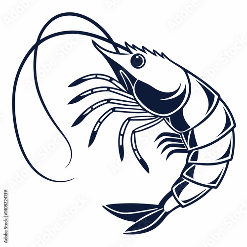 A stylized, black and white illustration of a shrimp. The shrimp is depicted in profile view,.  It is positioned towards the both left also right   side of the image. generative ai .