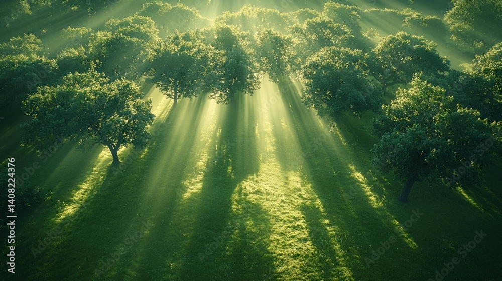 Sunbeams pierce a lush green forest. Sunlight streams through a verdant canopy, casting long shadows on the grassy ground. Peaceful and serene
