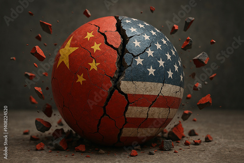 Cracked sphere painted with US and China flags, symbolizing geopolitical tension and economic conflict between the two superpowers on a dark background..