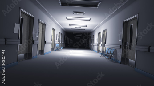 Scary empty hospital with some lights on. Clean corridor with wooden doors, chairs, with no people. 3d rendering.