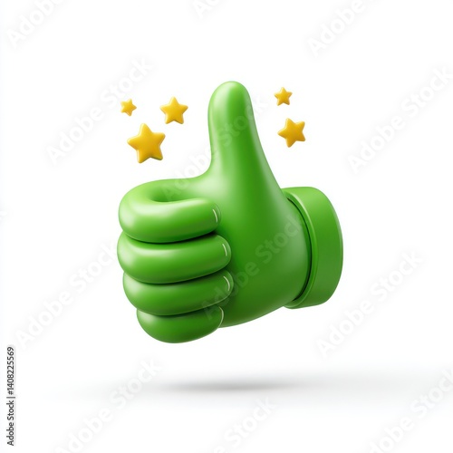 Green thumbs up with yellow stars 3d render illustration on white background