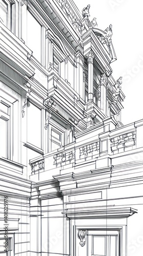 Architectural drawing of an ornate building facade with intricate details. photo
