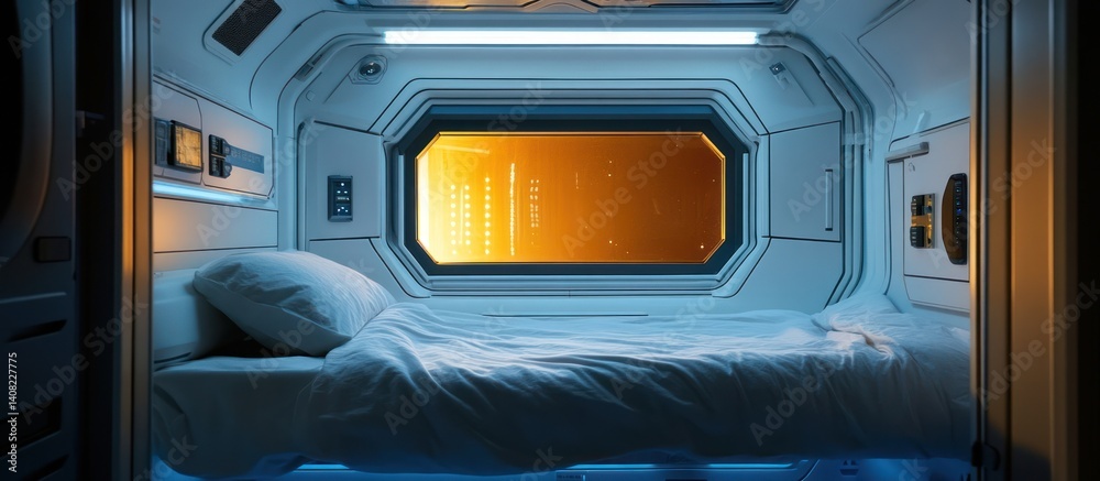Obraz premium Futuristic Spaceship Cabin: A Serene Sleep in Space
