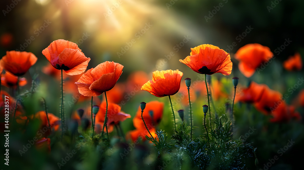 Obraz premium A vibrant poppy field surrounded by lush greenery, with sunlight shining through the petals, creating a soft and glowing effect on the flowers.