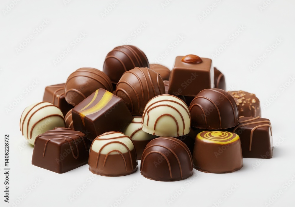 A pile of assorted chocolate candies with different shapes and decorations on a white background A pile of assorted chocolate candies with different shapes and decorations on a white background