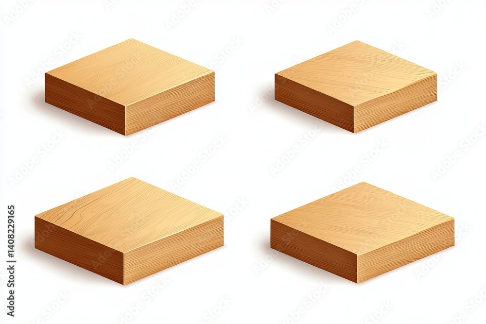 Four isometric wood blocks arranged on a white surface in a clean studio setting for product display Four isometric wood blocks arranged on a white surface in a clean studio setting for product display