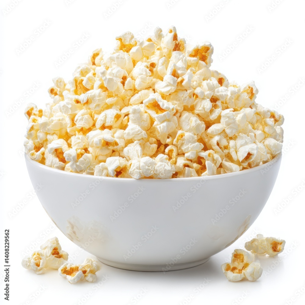 A white bowl filled with popcorn on a white surface ready to be enjoyed