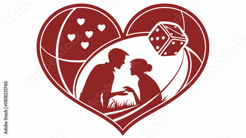 Romantic couple silhouette within a heart chance love destiny game of hearts burgundy tones elegant