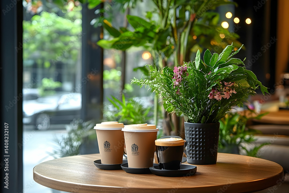 Cozy cafe scene with coffee and greenery. Cozy cafe scene with coffee and greenery.