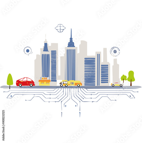 Smart city skyline with connected autonomous vehicles and digital network infrastructure

