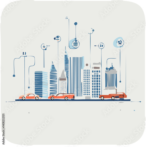 Smart city skyline with connected autonomous vehicles and digital network infrastructure

