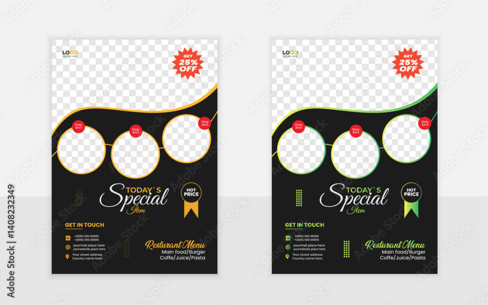 Obraz premium Modern creative a4 size resturant food flyer menu card design template layout with elliptical black green and orange shape
