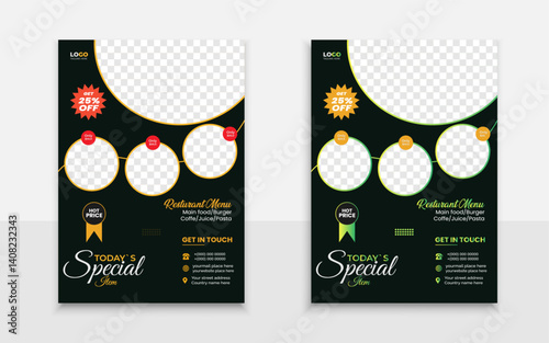  Modern creative a4 size resturant food flyer menu card design template layout with elliptical black green and orange shape
