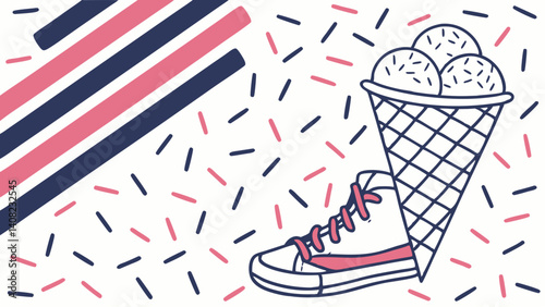 Delicious ice cream scoops in a waffle cone playfully nestled in a sneaker a whimsical summer treat