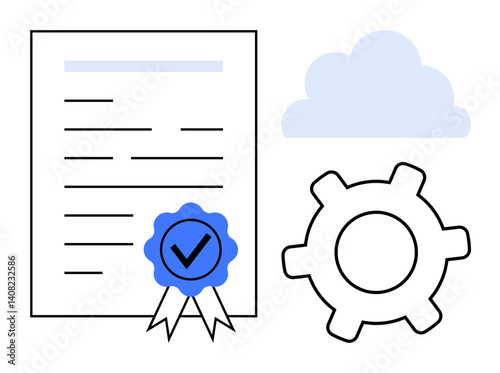 Document with a certified checkmark badge, cloud, and gear. Ideal for certification, cloud computing, technology, automation, compliance achievement training. Flat simple metaphor