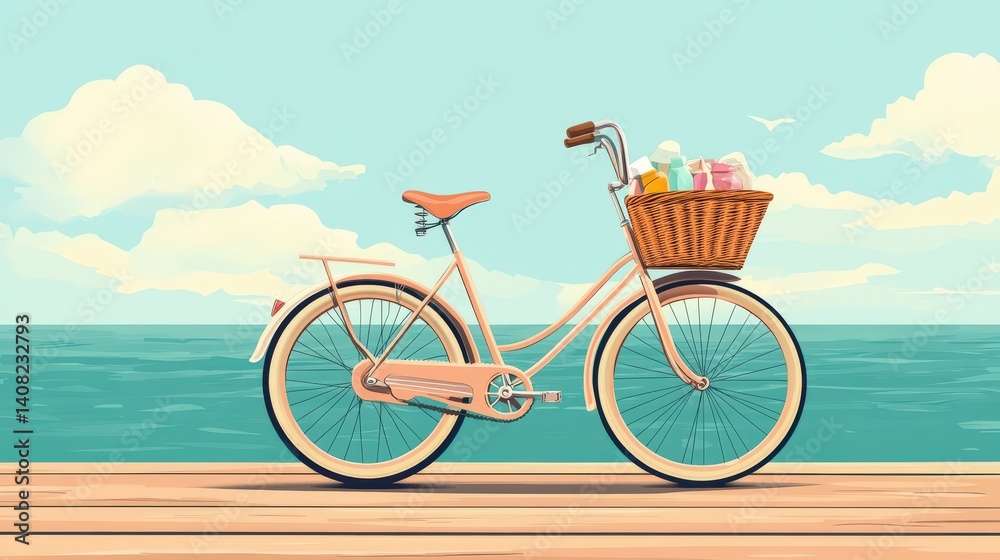 Fototapeta premium A Beach Cruiser Bicycle With Basket on a Wooden Deck