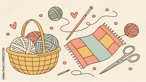 Cozy yarn basket knitting needles handmade scarf and scissors pastel colors charming illustration