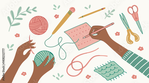 Hands crafting yarn projects knitting needles crochet hooks scissors peaceful hobby creative process