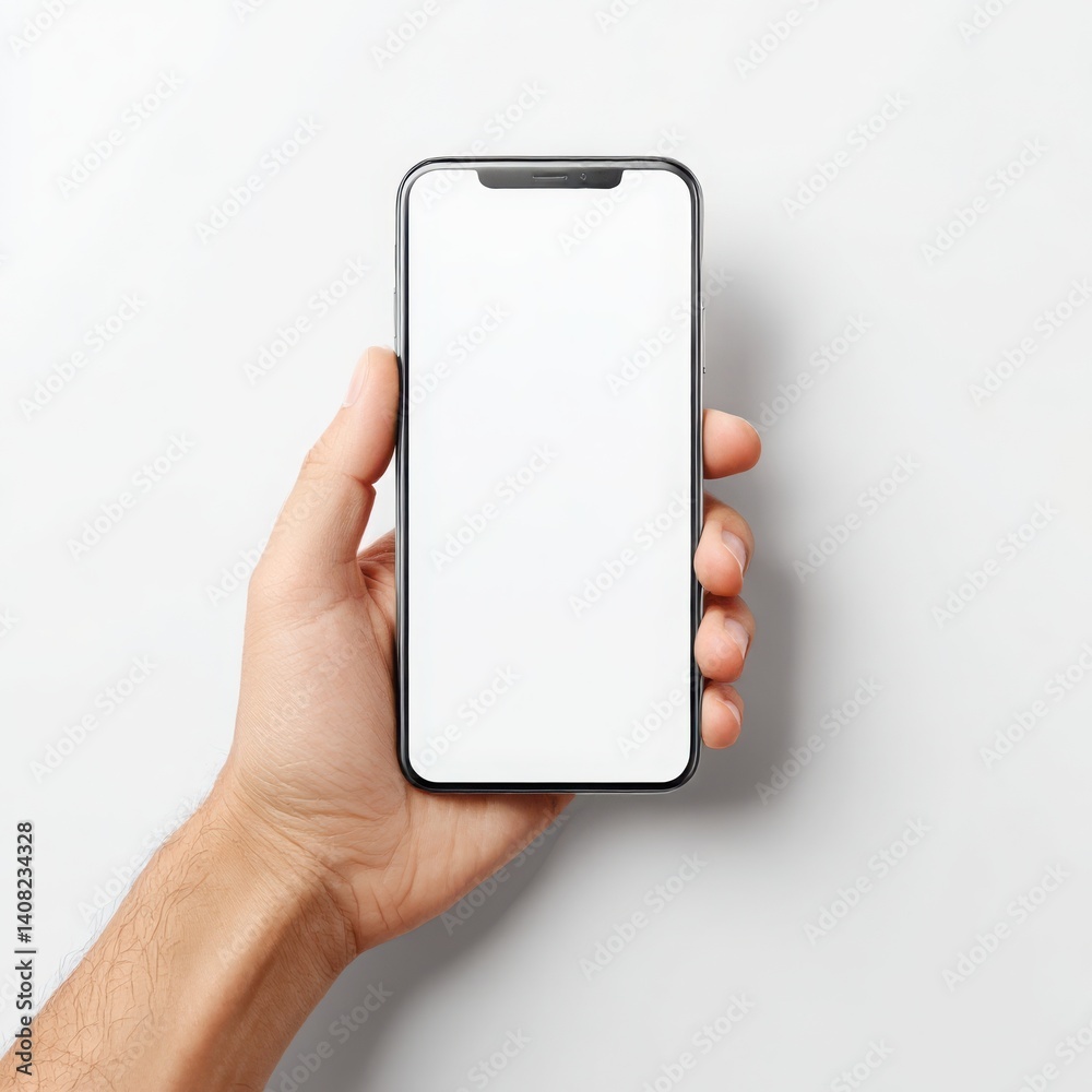 Hand holding a smartphone with a blank white screen against a white surface Hand holding a smartphone with a blank white screen against a white surface