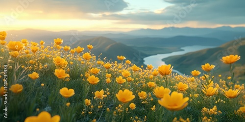 Fototapeta Naklejka Na Ścianę i Meble -  Bright yellow flowers bloom in a serene landscape at sunset near a flowing river