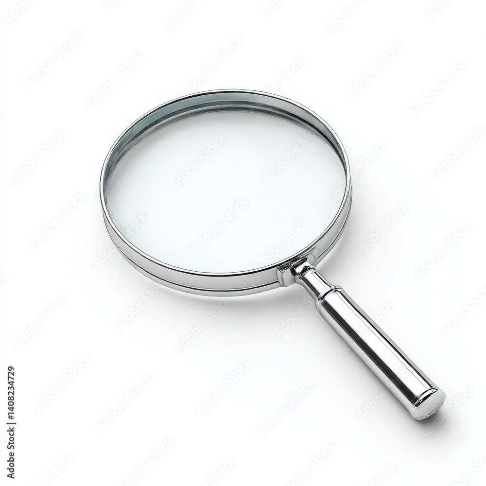 A single metallic magnifying glass resting against a plain white surface A single metallic magnifying glass resting against a plain white surface