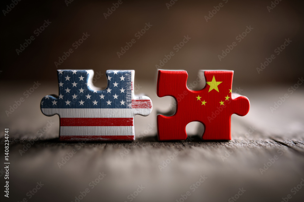Two puzzle pieces with flags of United States and China on wooden surface. Concept of diplomacy, geopolitical relationship or trade tension
