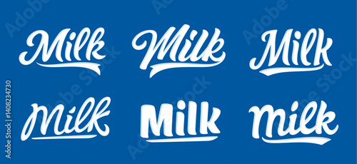 Vector milk hand lettering. White word milk on a blue background for label and packaging design