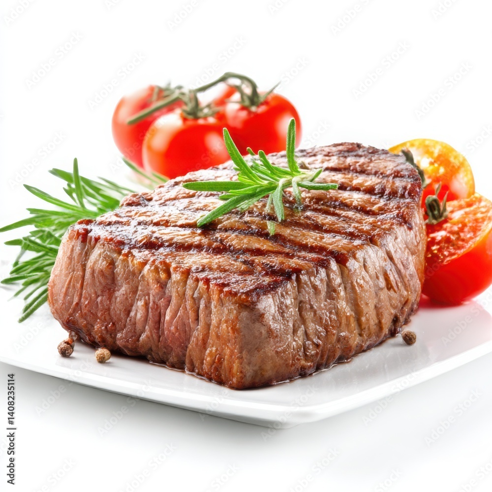 Grilled steak with tomatoes and rosemary on a white plate close up view Grilled steak with tomatoes and rosemary on a white plate close up view