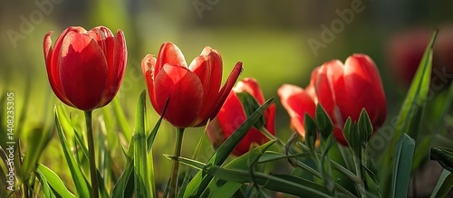 Red tulips in a sunlit green field, symbolizing passion and vitality. Used in floral ads, seasonal decor, or spring campaigns. 