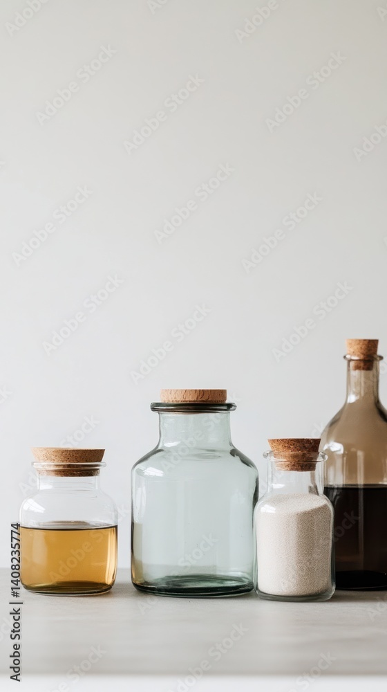 Several glass jars with wooden corks, holding various pantry staples. Several glass jars with wooden corks, holding various pantry staples.