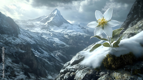Snowy alpine peak backdrop featuring a single white flower. photo