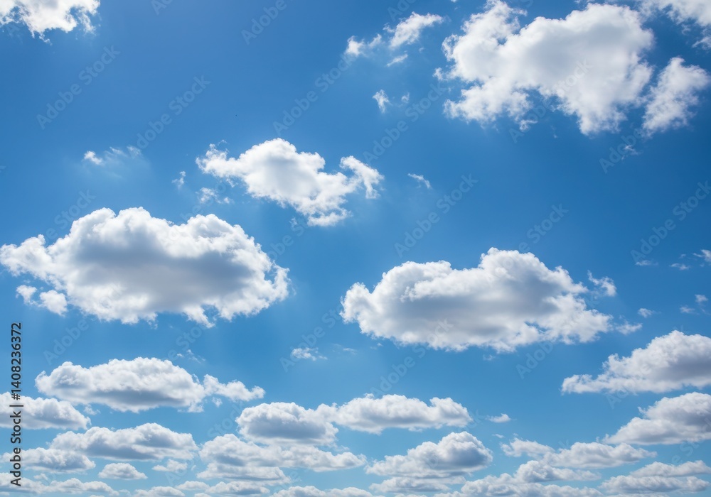 Sky view featuring fluffy white cumulus clouds scattered across a bright blue daytime sky expanse Sky view featuring fluffy white cumulus clouds scattered across a bright blue daytime sky expanse