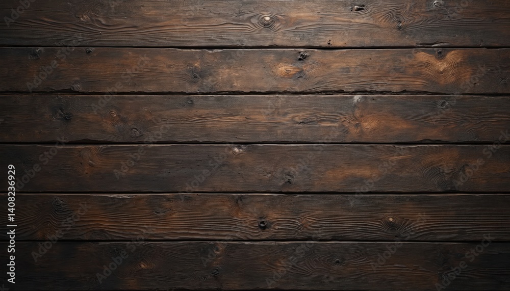 Fototapeta premium Dark brown wooden plank background. Old grunge textured wooden background. Top view of dark wood texture. Pine paneling. Brown wood structure. Wooden table or floor surface for any design.