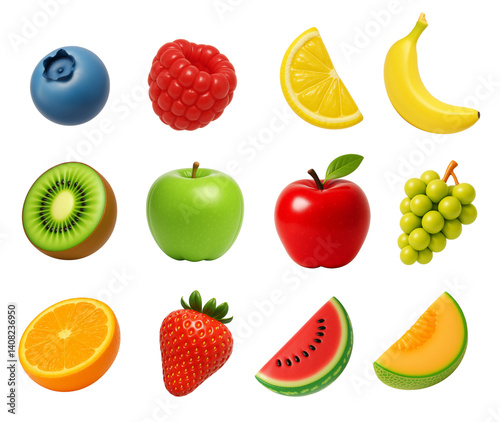Set of cute 3D inflated fresh fruit for smoothie or juice packaging and ad, isolated on a white background, contains blueberry, raspberry, lemon, banana, kiwi, apple, grapes, orange, strawberry