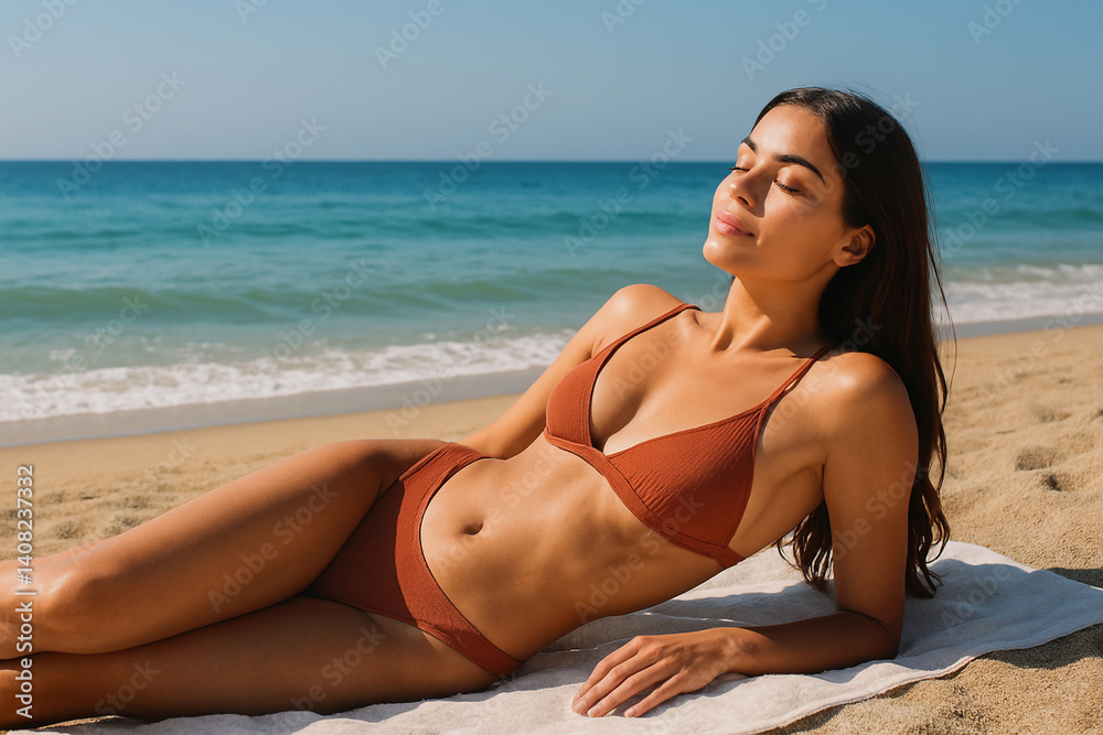 brunette woman sunbathing in peaceful beach setting brunette woman sunbathing in peaceful beach setting