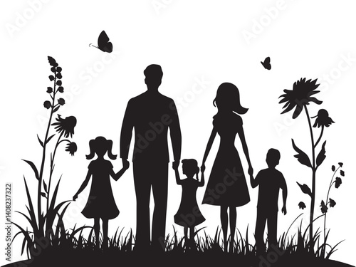 A silhouette-style illustration of a happy family standing together in nature,.eps
