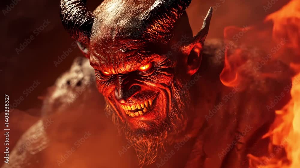 Terrifying devil with glowing eyes, horns and creepy smile emerging from fiery flames in a hellish scene.