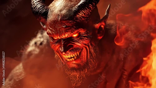 Terrifying devil with glowing eyes, horns and creepy smile emerging from fiery flames in a hellish scene.