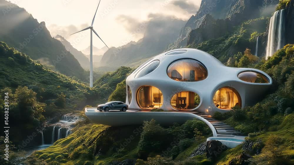Luxury Futuristic Home Powered by Wind Turbine with Electric Car Amidst ...